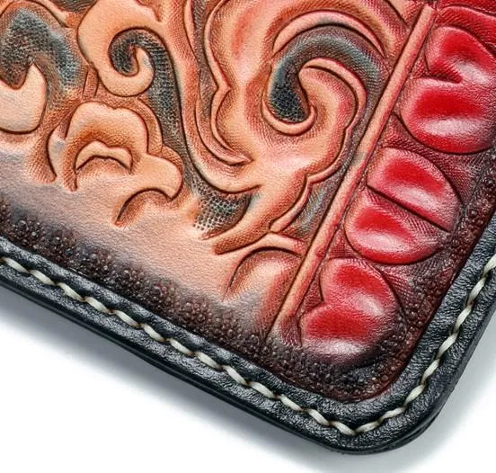Handmade Leather Chinese Lion Mens Tooled Chain Biker Wallets Cool Long Leather Wallet With Chain Wallets for Men