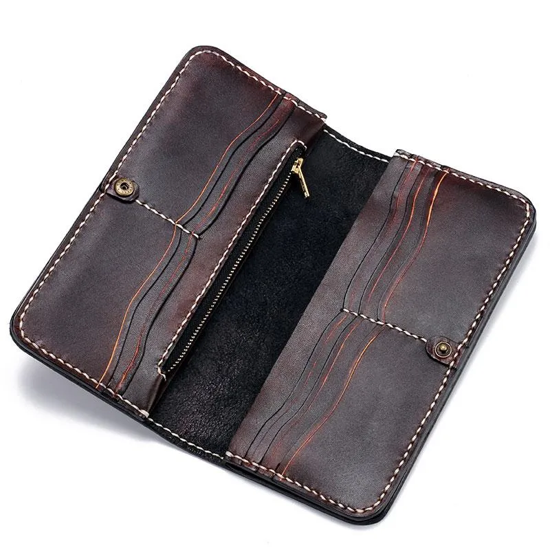 Handmade Leather Chinese Lion Mens Tooled Chain Biker Wallets Cool Long Leather Wallet With Chain Wallets for Men