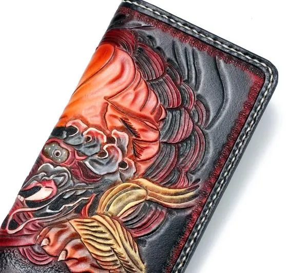 Handmade Leather Chinese Lion Mens Tooled Chain Biker Wallets Cool Long Leather Wallet With Chain Wallets for Men