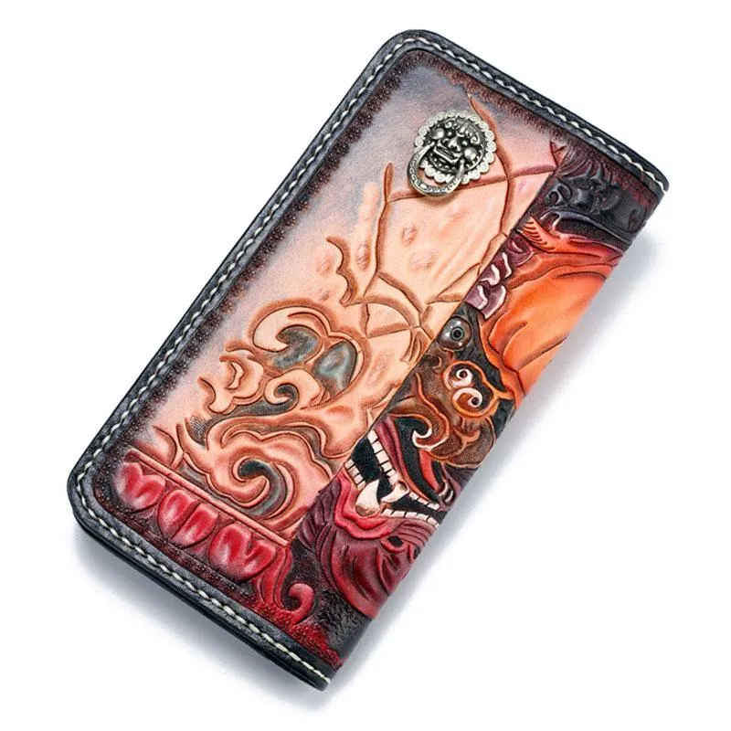 Handmade Leather Chinese Lion Mens Tooled Chain Biker Wallets Cool Long Leather Wallet With Chain Wallets for Men