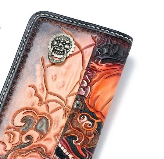 Handmade Leather Chinese Lion Mens Tooled Chain Biker Wallets Cool Long Leather Wallet With Chain Wallets for Men