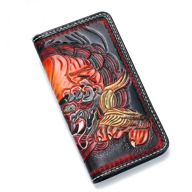 Handmade Leather Chinese Lion Mens Tooled Chain Biker Wallets Cool Long Leather Wallet With Chain Wallets for Men