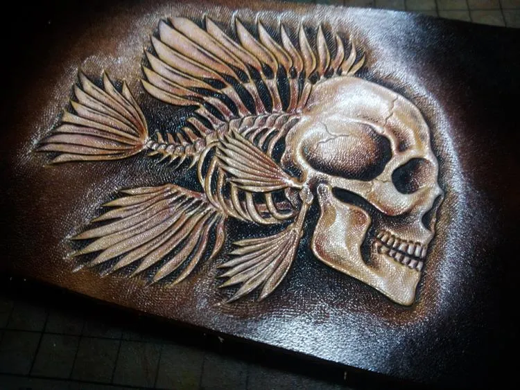 Handmade Leather Chinese Lion Tooled Mens billfold Wallet Cool Leather Wallet Slim Wallet for Men