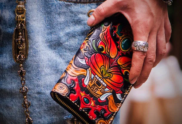 Handmade leather Chinese Monster biker wallet clutch zip long wallet black leather men phone