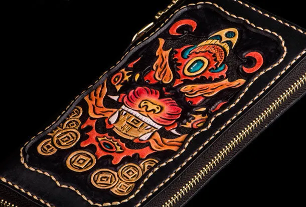 Handmade leather Chinese Monster biker wallet long wallet black leather men phone