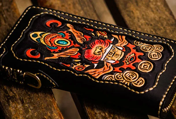 Handmade leather Chinese Monster biker wallet long wallet black leather men phone