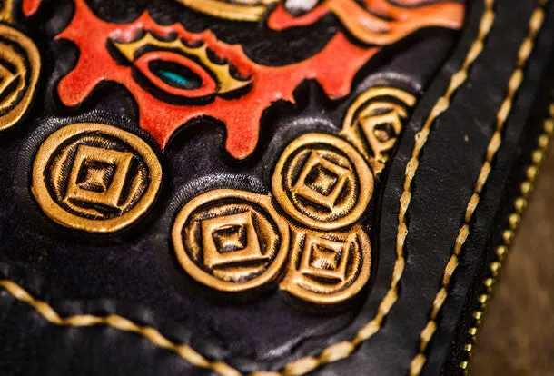 Handmade leather Chinese Monster biker wallet long wallet black leather men phone