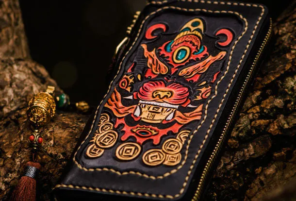 Handmade leather Chinese Monster biker wallet long wallet black leather men phone