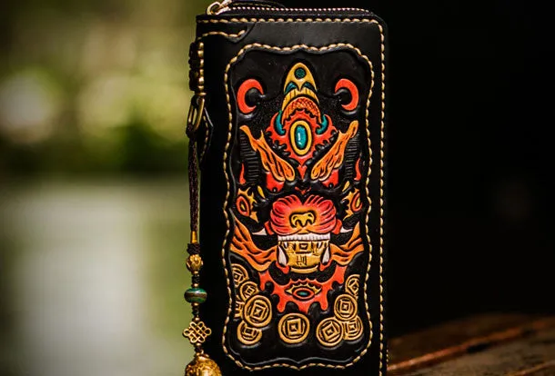 Handmade leather Chinese Monster biker wallet long wallet black leather men phone
