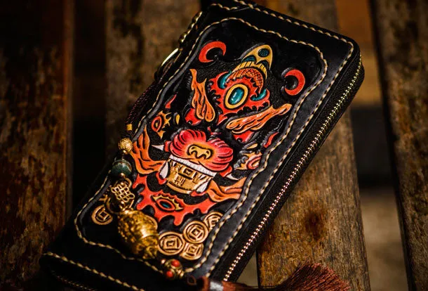 Handmade leather Chinese Monster biker wallet long wallet black leather men phone