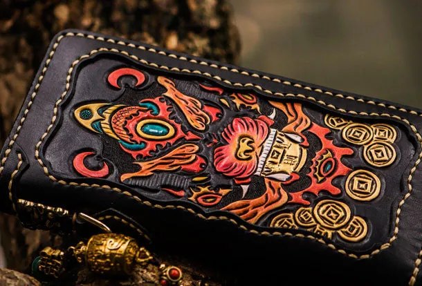Handmade leather Chinese Monster biker wallet long wallet black leather men phone