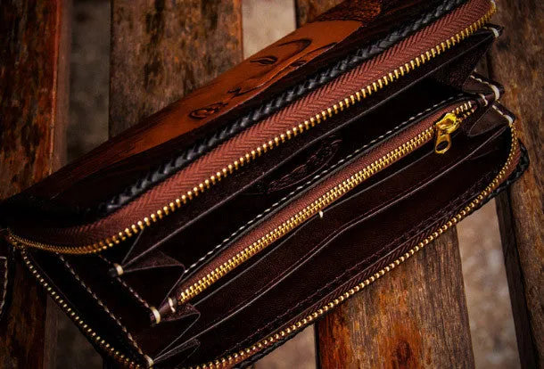 Handmade leather clutch zip long wallet black buddha leather men Tooled