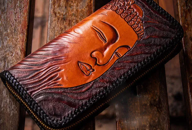 Handmade leather clutch zip long wallet black buddha leather men Tooled