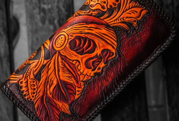 Handmade leather clutch zip long wallet black skull leather men Tooled