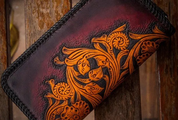 Handmade leather clutch zip long wallet black skull leather men Tooled