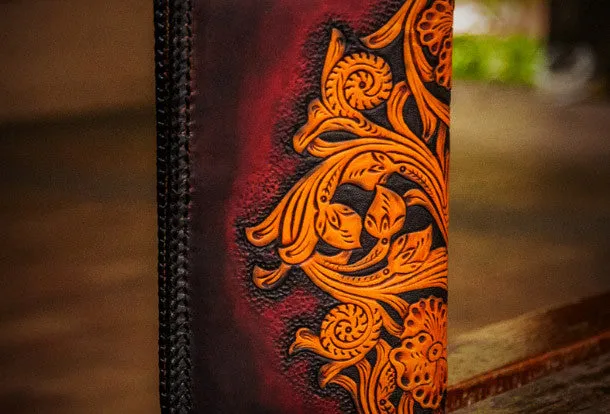 Handmade leather clutch zip long wallet black skull leather men Tooled