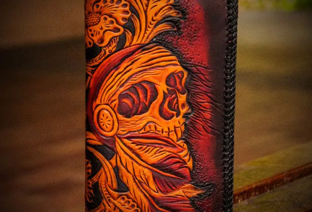 Handmade leather clutch zip long wallet black skull leather men Tooled