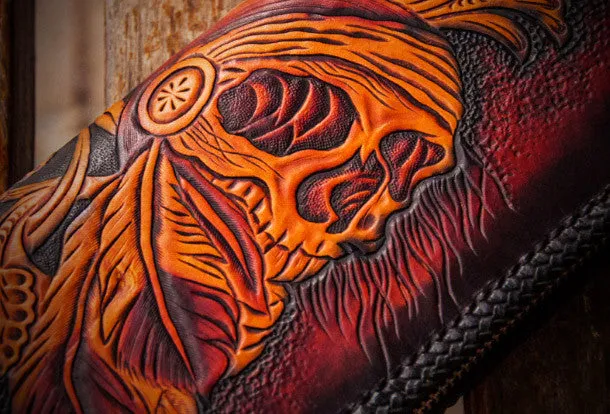 Handmade leather clutch zip long wallet black skull leather men Tooled