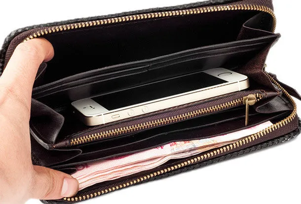 Handmade leather coffee black indian skull carved biker wallet bifold long wallet for men