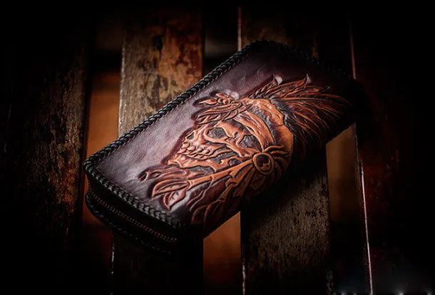 Handmade leather coffee black indian skull carved biker wallet bifold long wallet for men