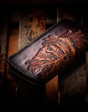 Handmade leather coffee black indian skull carved biker wallet bifold long wallet for men