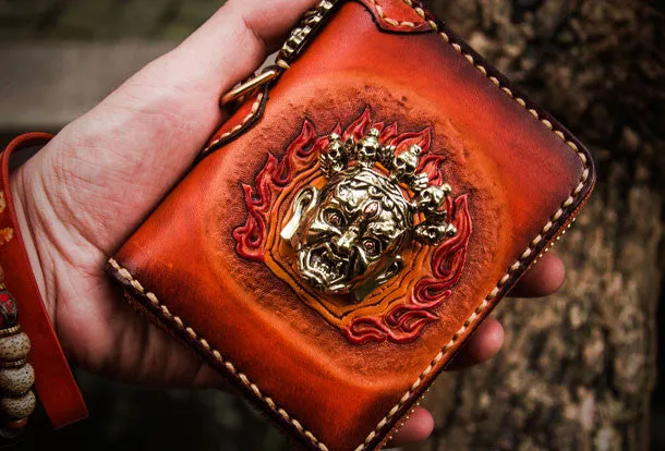 Handmade leather God Mahakala billfold biker wallet clutch zip wallet brown tooled