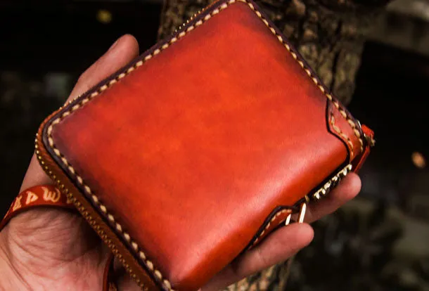 Handmade leather God Mahakala billfold biker wallet clutch zip wallet brown tooled