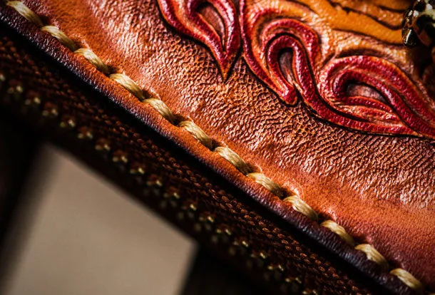 Handmade leather God Mahakala billfold biker wallet clutch zip wallet brown tooled