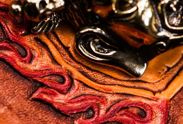 Handmade leather God Mahakala billfold biker wallet clutch zip wallet brown tooled
