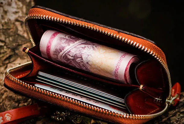Handmade leather God Mahakala billfold biker wallet clutch zip wallet brown tooled