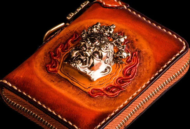 Handmade leather God Mahakala billfold biker wallet clutch zip wallet brown tooled