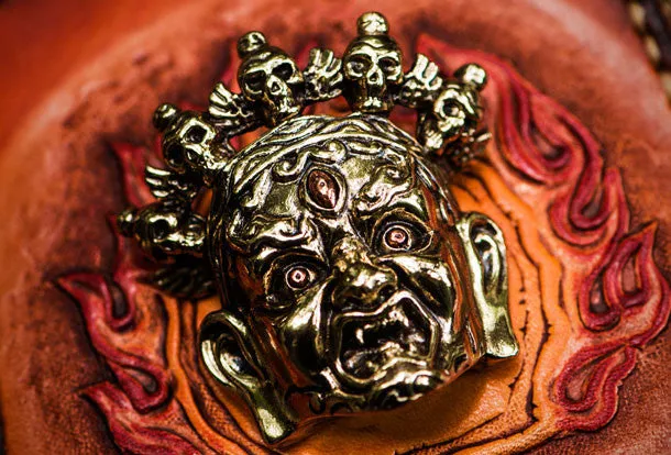 Handmade leather God Mahakala billfold biker wallet clutch zip wallet brown tooled