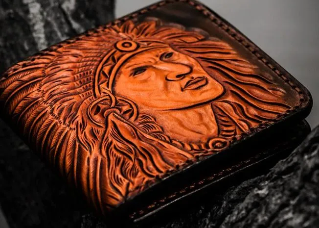 Handmade Leather Indian Chief Tooled Mens billfold Wallet Cool Leather Wallet Slim Wallet for Men
