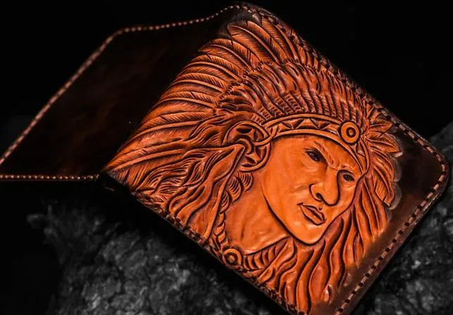 Handmade Leather Indian Chief Tooled Mens billfold Wallet Cool Leather Wallet Slim Wallet for Men
