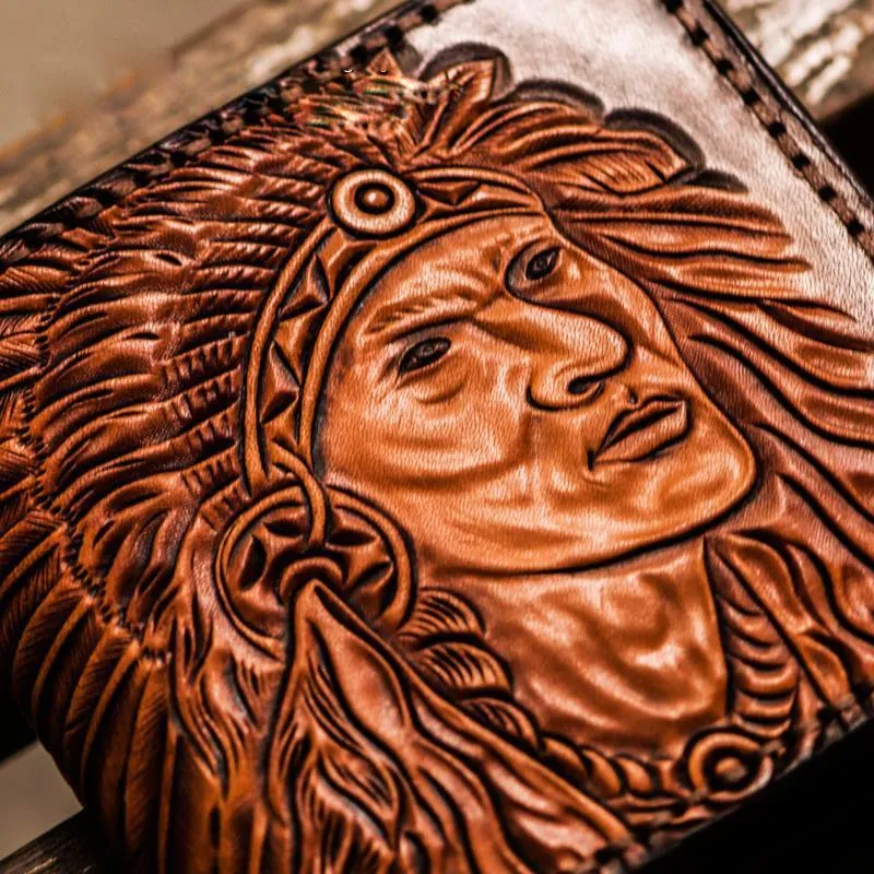Handmade Leather Indian Chief Tooled Mens billfold Wallet Cool Leather Wallet Slim Wallet for Men