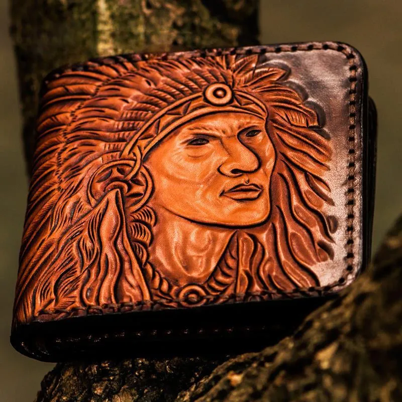 Handmade Leather Indian Chief Tooled Mens billfold Wallet Cool Leather Wallet Slim Wallet for Men