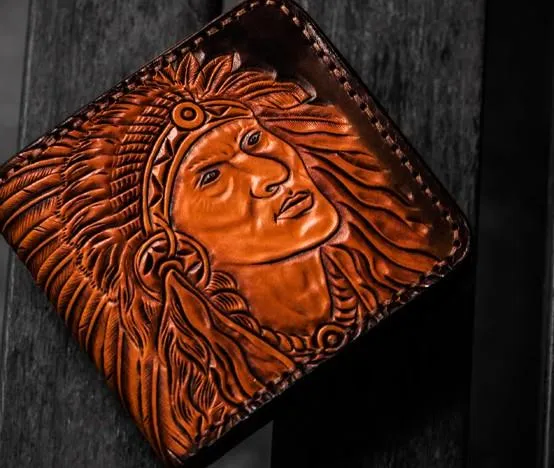 Handmade Leather Indian Chief Tooled Mens billfold Wallet Cool Leather Wallet Slim Wallet for Men