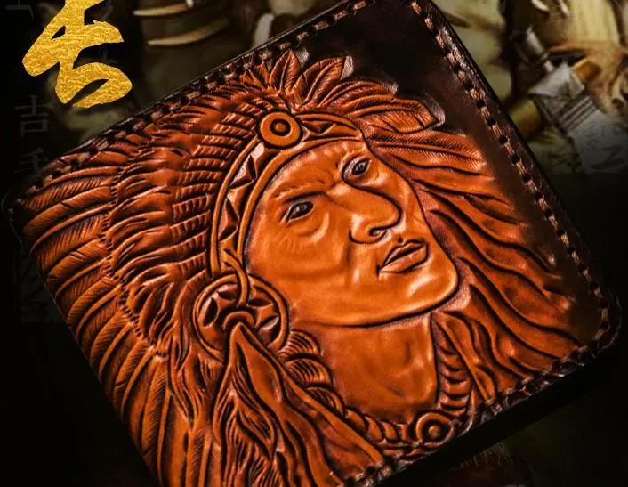 Handmade Leather Indian Chief Tooled Mens billfold Wallet Cool Leather Wallet Slim Wallet for Men