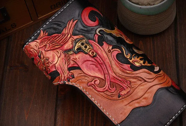 Handmade leather Long biker trucker wallet leather chain men Black Carved Tooled wallet