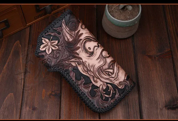 Handmade leather Long biker trucker wallet leather chain men Buddha black wallet