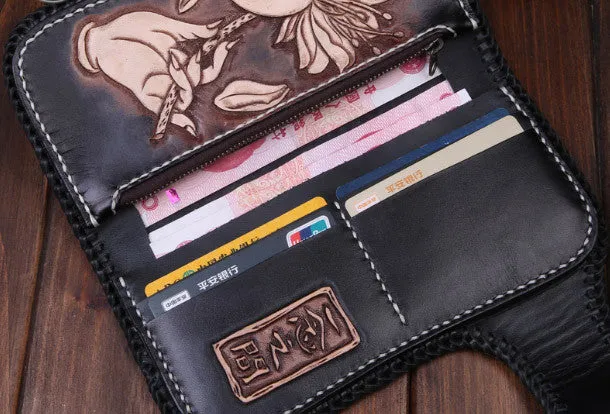 Handmade leather Long biker trucker wallet leather chain men Buddha black wallet