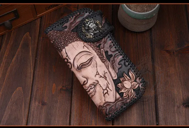 Handmade leather Long biker trucker wallet leather chain men Buddha black wallet