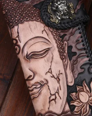 Handmade leather Long biker trucker wallet leather chain men Buddha black wallet