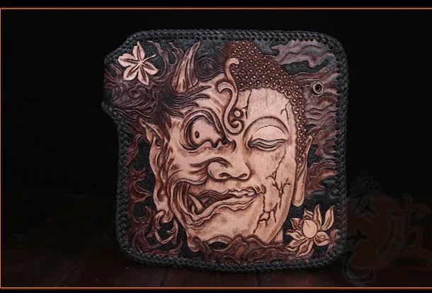 Handmade leather Long biker trucker wallet leather chain men Buddha black wallet