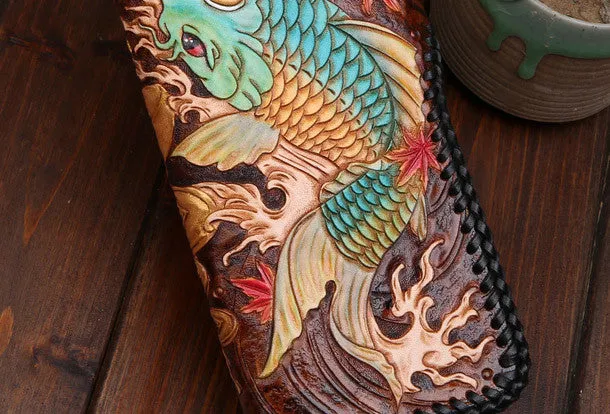 Handmade leather Long biker trucker wallet leather chain men carp Black Carved Tooled wallet