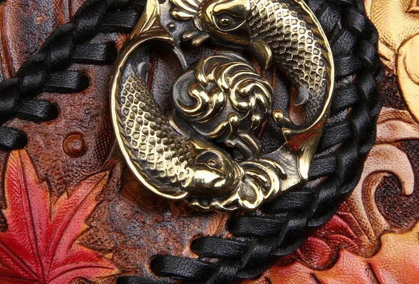 Handmade leather Long biker trucker wallet leather chain men carp Black Carved Tooled wallet
