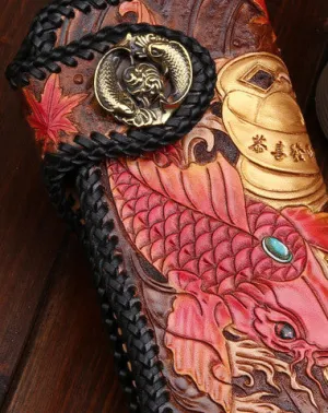 Handmade leather Long biker trucker wallet leather chain men carp Black Carved Tooled wallet