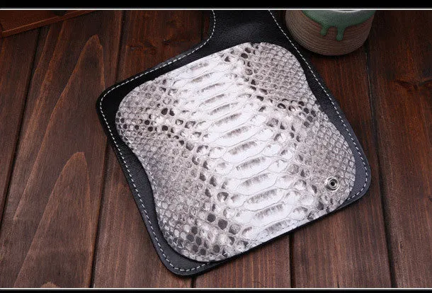 Handmade leather Long $biker trucker wallet leather chain men snake skin black wallet
