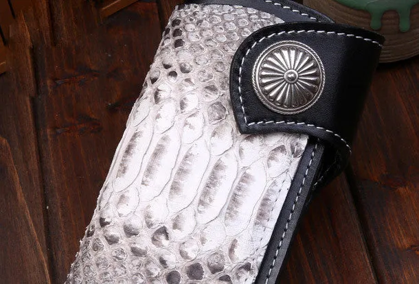 Handmade leather Long $biker trucker wallet leather chain men snake skin black wallet