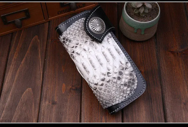 Handmade leather Long $biker trucker wallet leather chain men snake skin black wallet